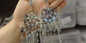 Women Ethnic Chic Oxidised Mirror Chandbali Earrings