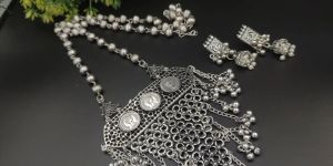 Women Oxidised Long Chain Necklace Earring Set