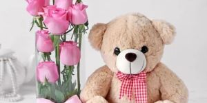 pink roses serenade teddy vase gift set