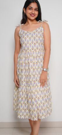 Women Light Cream Tiable Cotton Frock