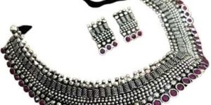 Women Oxidised Tear Drop Pink Necklace with Earrings