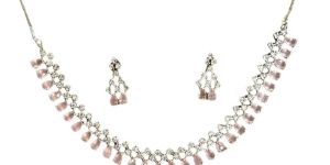 Women Pink Cubic Stone Necklace with Pair of Earrings