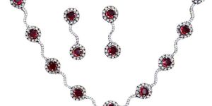 Women Silver Plated Pink Teardrop Necklace with Earrings