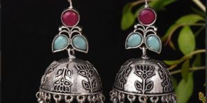Women Monalisa Stone Oxidised Jhumka Earrings