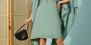 Women Green Embroidered Party Kaftan Dress