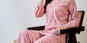 Women Pink Sheer Embroidered Lace Cord Set