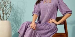 Women Purple Hand Embroidered Viscose Linen Dress