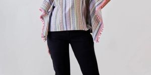 Women Striped Cotton Pink Tasseled Pom Pom Crop Top