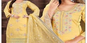 Ladies Yellow Embroidered Cotton Kurti Set