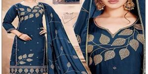 Leaf Embroidery Design Ladies Blue Roman Silk Kurti Pant Set