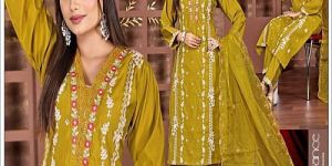 Mustard Embroidered Roman Silk Kurti Pant Set