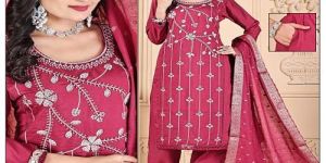 Pink Roman Silk Embroidery Work Kurti Set
