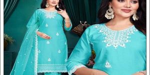 Sky Blue Cotton Embroidered Kurti Set