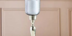 Textured Hurricane Glass with Nickel Metal Base Candle Holder