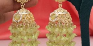 Women Parrot Green Color Jhumka Kundan Earrings