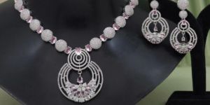 Women Pink Color American Diamond Necklace Set