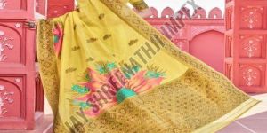 Ladies Yellow Floral Printed Cotton Linen Saree