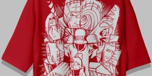 Unisex Red Anime Print Oversized T Shirt