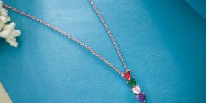 Ladies Rose Gold Plated Four Heart Gemstone Pendant With Chain