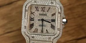 Luxury Cartier Santos Fully Iced Out Square Dial Moissanite Diamond Watch