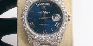 Rolex Day Date Blue Dial Fully Iced Out Moissanite Diamond Watch