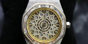 Silver and Golden Audemars Piguet Round Iced Out Moissanite Watch
