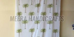 White And Green Cotton Tree Design Hand Printed Curtain