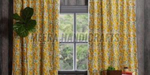 White Cotton Yellow Flower Printed Curtain