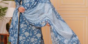 Ladies Blue Printed Rayon Kurti Pant Set