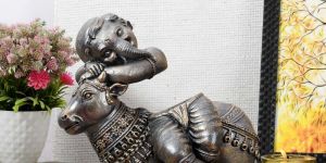 17cm Handcrafted Brass Cow Statue with Ganesha Relief