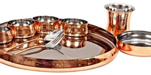 IndianArtVilla Pure Steel Copper Curved Dinner 9 Pieces Set