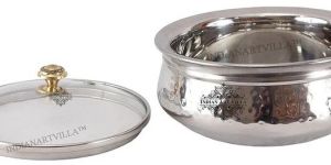 IndianArtVilla Pure Steel Hammered Design Handi with Glass Lid