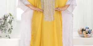 Women Cotton Silk Elegant Yellow Farasha Kaftan