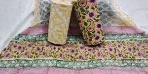 Women Handblock Printed Cotton Suits with Chiffon Dupatta Fabric