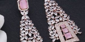 Pink & Rose Gold American Diamond Studded Contemporary Drop Earrings