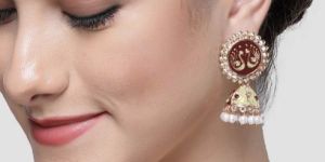 Rose Gold Plated Peacock Design Brown and Cream Meena Jhumki Earrings