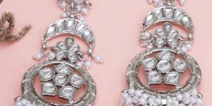 Silver-Toned Oxidised White Kundan Studded Chandbalis Earrings