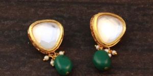Traditional Gold Plated Polki Kundan Dangler Earrings with Green Beads