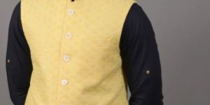 Men Pastel Yellow Lucknowi Bandi Waistcoat