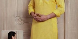 Yellow Cotton Linen Men Kurta Salwar