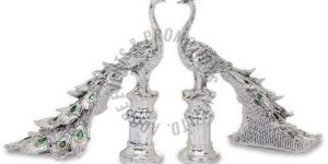 Silver Plated Resin Peacock Pair Statue