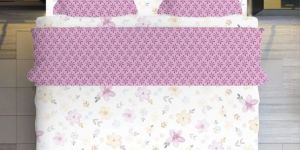 White Pink Polycotton Printed Bed Sheet Set with Pillow Covers