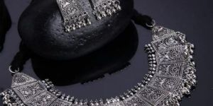 Oxidized Silver Statement Collar Necklace Set with Tribal Engraving & Ghungroo Detailing