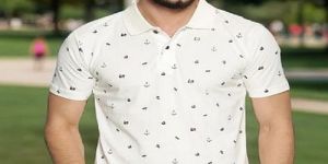 Mens White Printed Cotton Polo T-Shirt