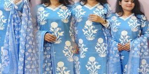 Ladies Printed Sky Blue Rayon Kurti Pant Set with Net Border