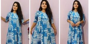 Ladies Sky Blue Rayon Printed Frock Kurti