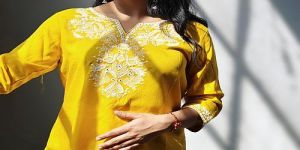Ladies Yellow Embroidered Rayon Short Kurti