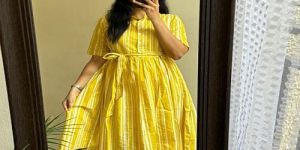 Ladies Yellow Rayon Printed Frock Kurti