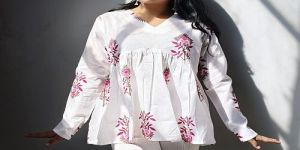 White Cotton Printed Short Kurti