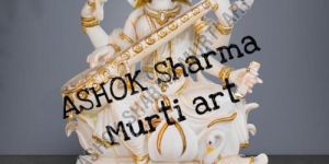 White And Golden Saraswati Marble Statue